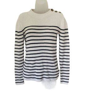 GAP Womens Sweater SZ XS Pullover Oatmeal Black Striped Knit‎ 100% Cotton Comfy